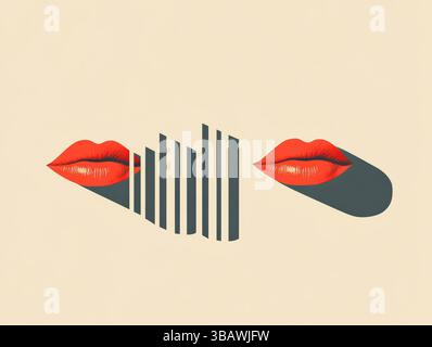 Ein minimalistisches Grafikdesign mit zwei roten Lippen, die teilweise von vertikalen Balken vor beigefarbenem Hintergrund verdeckt sind. Starke Schatten unter jeder Lippe Stockfoto