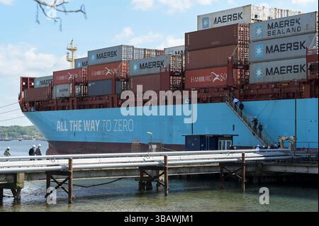 DÄNEMARK, Aabenraa havn, Betankung des Containerschiffs Laura Maersk mit erstem e-Methanol aus der Power-to-X-Anlage Kassø, der Kassoe-Anlage von European Energy und Mitsui unter Verwendung von biogenem CO2, das vor Ort in der Biogasanlage in Tønder gewonnen wird, mit dem Slogan auf dem Schiff Maersk bis Zero Stockfoto