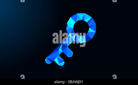Flaches Poly-Schlüsseldesign. Sicherheitsschlüssel mit Schlüsselsymbol und Leuchtdesign im Neonstil. Stock Vektor