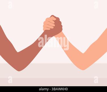 Armwrestling weiblicher Hände verschiedener Hauttöne, flache Vektorillustration Stock Vektor