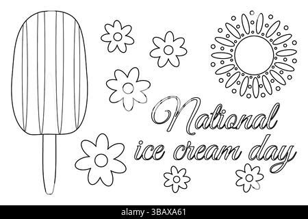 Ausmalseite mit Sommerumrisszeichnung mit Eiscreme auf Stock, Blumen und Sonne. National Ice Cream Day. Für die Unterhaltung der Kinder, Summ Stock Vektor