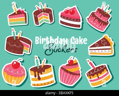Geburtstagskuchen Aufkleber Clipart Set. Cupcake Sticker Elemente für Geburtstagsparty Dekoration Clip Art Sammlung süßes Dessert im grünen Hintergrund Stock Vektor