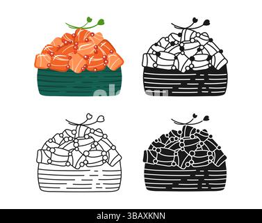 Gunkan Maki Sushi mit Lachssymbol Zeichentrickset. Traditionelles asiatisches japanisches Essen, lineares Doodle-Symbol. Sushi Meeresfrüchte Vektor Illustration. Stilisiertes Doodle-Design-Schild für Menü, Café, Bar, Restaurant Stock Vektor