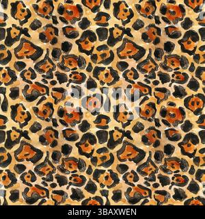 Nahtlose Handmalerei Aquarell Wildtierhaut realistisches Leopardenmuster. Modischer abstrakter Endlosdruck für Textilgewebe. Stockfoto