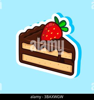 Aufkleber von Slice Schokoladenkuchen mit Erdbeere Vektor Illustration Cartoon Design Stock Vektor