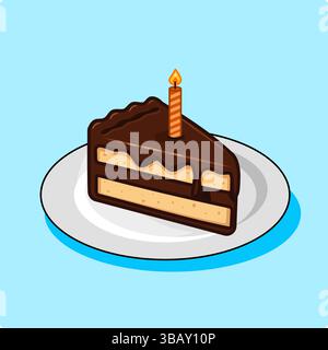 Ein Stück Schokoladenkuchen mit einer Kerze auf einem Teller Vektor Illustration Cartoon Design Stock Vektor
