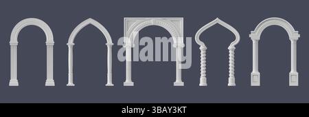 Realistisches Palastbogen-Säulentor, Marmorbogen, uralter Burgbogen, griechische Tempelsäule oder Türrahmen aus antiken Moscheen. Vektor 3D-Architekturelemente Set aus realistischen Bögen mit Säulen Stock Vektor