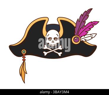 Cartoon-grooviger Korsaar und Piratenkapitän Tricorn-Hut. Vektor-Hahnenkappe, Seefahrerkopfschmuck mit Federn, Perlen und fröhlichem roger Skull Emblem. Isolierter Freibeuter, Filibuster-Kopfbedeckung, Piraterie-Kostüm Stock Vektor