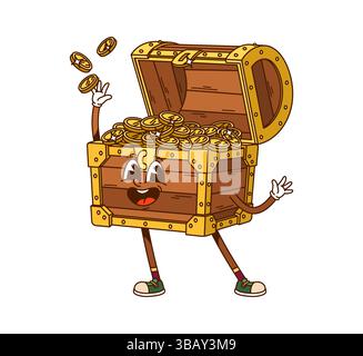Cartoon-grooviger Korsar und Piraten-Schatzkistenfigur. Isolierte Vektor-Loot-Retro-Persönlichkeit mit einem lächelnden Gesicht, die Münzen freudig in die Luft wirft. Der hölzerne Kofferraum ist voller Goldmünzen Stock Vektor