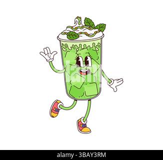 Cartoon groovige Dessertfiguren. Vektorglas mit grünem Getränk, Eiswürfeln, Schlagsahne und Minzblättern, Turnschuhe tragen und fröhlich winken. Süßes erfrischendes Matcha-, Mojito- oder Limettengetränk Stock Vektor