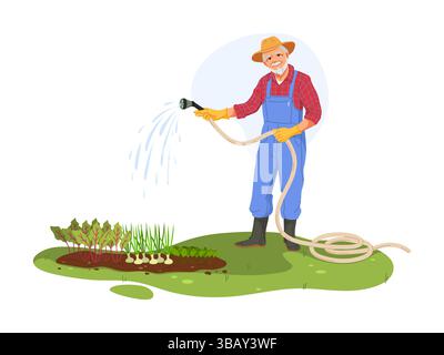 Lächelnde Zeichentrickfigur, alter Bauerncharakter, der Gartenbett mit Schlauch tränkt. Gemüse und frische grüne Pflanzen, die auf dem Boden wachsen. Vektor Gärtner Arbeiter Mann in Hut, kariertem Hemd und Gummistiefeln genießt Gartenarbeit Stock Vektor