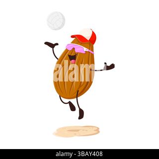 Cartoon lustige Mandelnuss Charakter spielt Volleyballball, Vektor Comic Emoji. Mandelnuss Charakter mit fröhlichem Gesicht spielen Volleyballsport am Sommerstrand oder Urlaub in Sonnenbrille und Hut Stock Vektor
