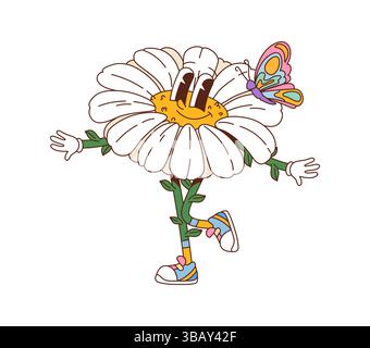 Cartoon groovige Gänseblümchen Hippie Pflanze Charakter mit einem Schmetterling. Isolierte Vektor-Kamillenblütenfigur mit weißen Blütenblättern, Stängelbeinen, guten Augen, breitem, charmantem Lächeln und Sommer-y2k-Vibe Stock Vektor