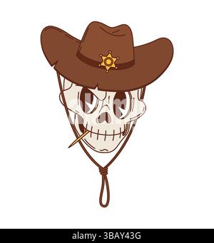 Cartoon-grooviger Cowboy-Schädel aus dem wilden Westen, westlicher Charakter mit braunem Hut und Sheriff-Abzeichen. Isolierter Vektor y2k menschlicher Schädel mit hohlen wütenden Augen und hält einen Zahnstocher im Mund Stock Vektor