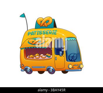 Cartoon Patisserie Food Truck Car, Festival Street Foodtruck Van mit frisch gebackenen Waren wie Croissants, Muffins und Brezeln. Vector Vintage Gelb Fahrzeug, einladend mobile Bäckerei Service Stock Vektor