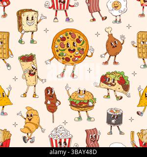 Groovige Fast Food-Charaktere, nahtloses Muster. Vektorfliese Hintergrund mit lustiger nostalgischer Pizza, Burger, Taco, Sushi und Croissant, Maishund, Speck, Pommes frites, Sandwich oder Hähnchenpfanne Stock Vektor