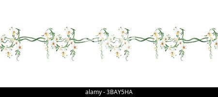 Orchideenblumen und tropische Liane mit grünen Blättern Aquarellillustration isoliert. Nahtloser Rand einer blühenden Kletterpflanze für Dschungel-Design Stockfoto