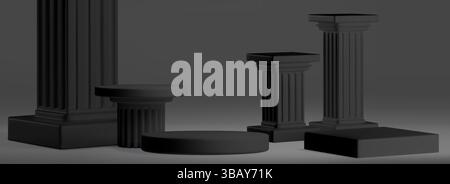 Schwarzes Podium-Säulensatz – quadratische, runde und rechteckige Sockel in verschiedenen Höhen. Klassische Architekturformen mit geriffelten Schäften, glatten Spitzen und Sockelsockeln. Schwarzweiß-3D-Rendering auf grauem BG. Stock Vektor