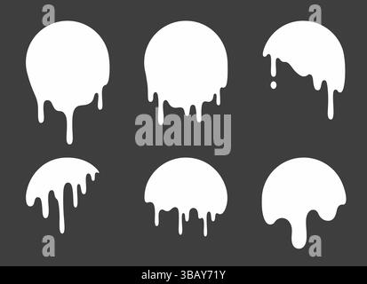 Tropfende weiße Kreise, isoliert auf schwarzem Hintergrund. Vektor-realistische Illustration abstrakter runder Formen, flüssiger Farbflecken, schmelzender Flüssigkeitstropfen, grungy Graffiti-Design, Milchfluss-Textur Stock Vektor