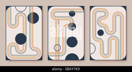 Retro-Banner-Set mit Regenbogenmuster. Vektor-Illustration des ästhetischen y2k-Poster-Hintergrunds mit Farbbögen und Kreisen auf beigem Hintergrund, abstrakte geometrische Formen, 70er Jahre Stil Tapeten Stock Vektor