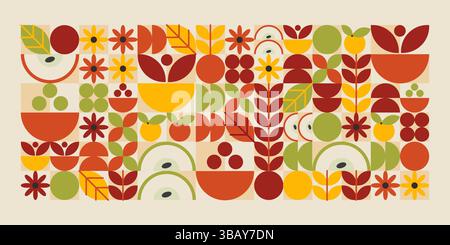 Geometrisches Lebensmittelmuster mit Äpfeln, Blumen und Blättern - lebendige Herbstfarben dekorative Herbstfrüchte, Laub wiederholende Fliese für Hintergrunddesign, gesundes Öko-Essen grafisches Projekt und Paket. Stock Vektor