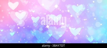 Holographischer Hintergrund in Glitzerpastellfarben - weicher Verlauf von Rosa zu Blau und Lila mit weißen Bokeh-Herzen und schimmernden Sternen. Traumhafte Fantasy irisierende bg für Kinder Designs, niedliche magische Dekoration Stock Vektor