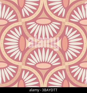 Retro-Gänseblümchen, stilisierte Blumenmotive in Art déco-Ästhetik. Cremefarbene Blütenblätter werden von einer strukturierten Mitte aufgefächert, eingerahmt von Bögen und gepunkteten Akzenten für ein VI Stock Vektor