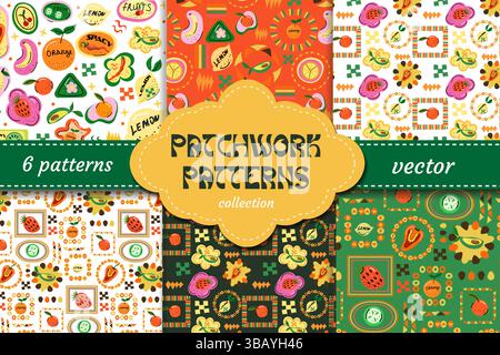 Trendiges, nahtloses Patchwork-Muster mit Fruchtaufkleber für den Sommer. Niedlicher gerahmter Hintergrund. Obst in Rahmen. Vektordruck, geometrische Elemente Stock Vektor