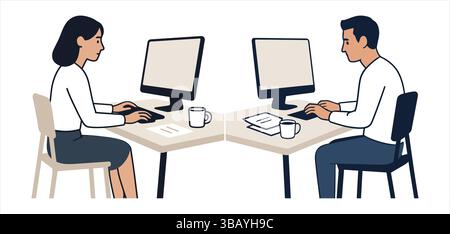 Illustration des Geschäftsvektors von zwei Büromitarbeitern, die unabhängig an ihren Schreibtischen arbeiten. Steht für Produktivität, Konzentration und professionelle Aufgaben Stock Vektor