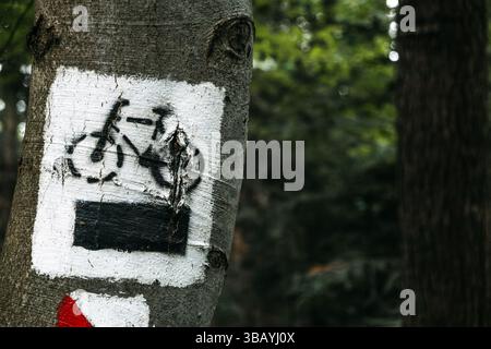 Schwarzes Fahrradsymbol und Streckenmarkierung auf Baumrinde in einem bewaldeten Gebiet gemalt. Freizeitangebote im Freien, nachhaltiges Reisen, Beschilderung auf Radwegen, Öko-Tourismus. Stockfoto