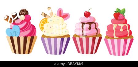 Cupcake farbenfrohe Symbol Clipart Set. Geburtstagskuchen-Zeichenelemente mit Clip-Art mit Erdbeeren-, Zitronen-, Schokoladen- und Kirschgeschmack-Kollektion Stock Vektor