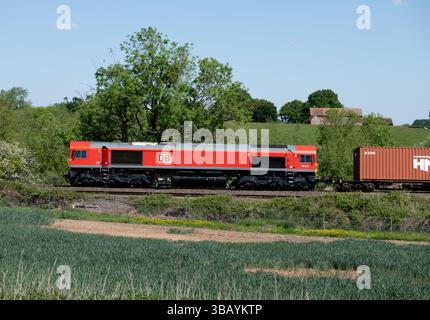 Diesellokomotive DB-Baureihe 66 Nr. 66061, die einen freightliner-Zug zieht, Warwickshire, Großbritannien Stockfoto