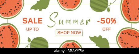 Horizontales Banner mit Sommer-Wassermelonenbeeren, saftiges Design für Verkauf, Werbeaktionen, Rabattgutscheine. Werbematerialien National Watermelon Month ist eine Vektorvorlage zum Feiern des 3. August Stock Vektor