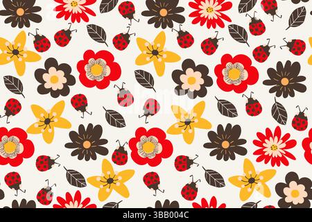 Nahtloses Blumenmuster mit niedlichen gelben, roten und schwarzen Blumen. Kritzeln Sie skurrile Sommer- und Frühlingspflanzen. Femininer, wiederholbarer Hintergrund, perfekt für Stock Vektor