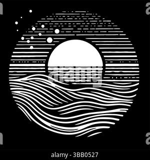 Friedlicher Sonnenaufgang über stilisierten Ozeanwellen. Kreisförmige Schwarzweiß-Illustration, die den Sonnenaufgang über einem ruhigen Meer mit stilisierten Wellen und einem zeigt Stock Vektor