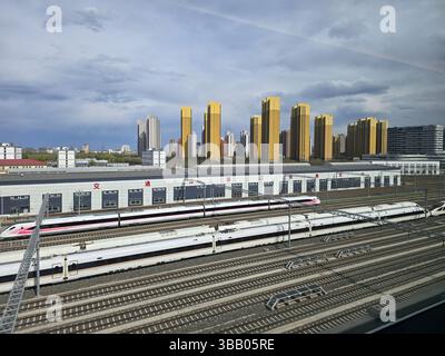 Hochgeschwindigkeitszug auf mehreren Bahngleisen in der Nähe von Hochhäusern in einer chinesischen Stadt an einem bewölkten Frühlingnachmittag. Stockfoto