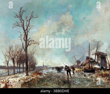 Niederländische Skater mit zwei Mühlen rechts 1864 von Johan Barthold JONGKIND 1819-1891 Niederländisches Museum Louvre . Stockfoto