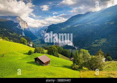 Blick auf das Lauterbrunnental von Wengen im Sommer. Wengen, Kanton Bern, Schweiz, Europa Stockfoto