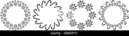 Schneeflocken gestreifter Candy Cane und dekorative Sterne verschiedene minimalistische Rahmen Copy Space Template Set. Thematische Karten, Poster, Menüs oder Werbebanner, Faltblätter, Etiketten, Einladungen Stock Vektor