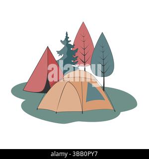 Isolierte Illustration für Camping. Gruppe von Zelten im Wald. Vektorzeichnung für Abenteuer Stock Vektor