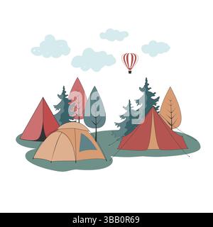 Isolierte Illustration für Camping. Gruppe von Zelten im Wald. Vektor-Illustration für Abenteuer Stock Vektor