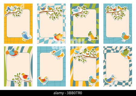 Set mit groovigen Notizrahmen, dekoriert mit bunten Vögeln, die auf Zweigen fliegen und sitzen, im flachen Cartoon-Stil. Verspielte und fröhliche Designs, ideal für J Stock Vektor