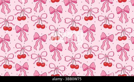 Niedliches nahtloses Muster mit Kirschen und zarten Schleifen im trendigen Coquette-Stil. Feminines und flirtendes Design, ideal für Hintergründe, Stoff, Geschenkartikel Stock Vektor