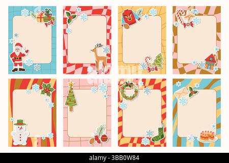 Set mit groovigen Notizrahmen, die mit Weihnachtsaufklebern verziert sind. Mit verspielten Elementen wie Weihnachtsmann, Baum, Kranz und Geschenkmotiven. Perfekt für festliche Veranstaltungen Stock Vektor