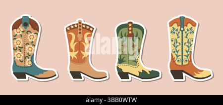 Set mit Aufklebern für Cowboy- und Cowgirl-Stiefel im flachen Stil. Lustige und farbenfrohe Illustrationen mit westlichen Motiven mit verschiedenen Stiefeldesigns, ideal zum Planen Stock Vektor