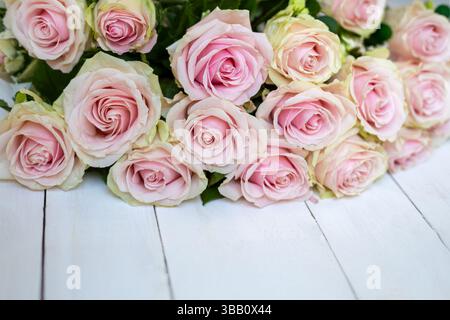 Strauß aus blassrosa Rosen auf weißem Holz. Wunderschöner Blumenstrauß aus weichen rosa Rosen auf einer weißen Holzoberfläche, romantische Blumenkomposition. Stockfoto