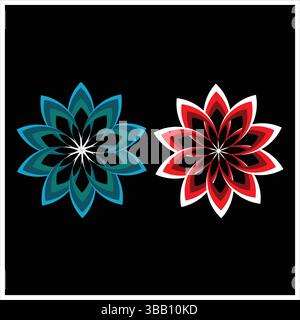 Zwei abstrakte Blumendesigns in Teal und Rot auf schwarzem Hintergrund Stock Vektor