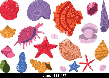 Muscheln und Seesterne Illustrationen in verschiedenen Farben auf weißem Hintergrund Stock Vektor