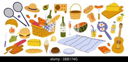 Picknickkorb mit Speisen und Getränken auf einer Decke in einer sonnigen Umgebung im Freien Stock Vektor