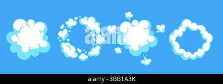 Cartoon Smoke Puff und Comic Boom Wolken Elemente auf hellblauem Hintergrund. Puffform und Wolkenform, Explosion im Comic-Stil. Ideal für Spieleffekte, Kinder Stock Vektor